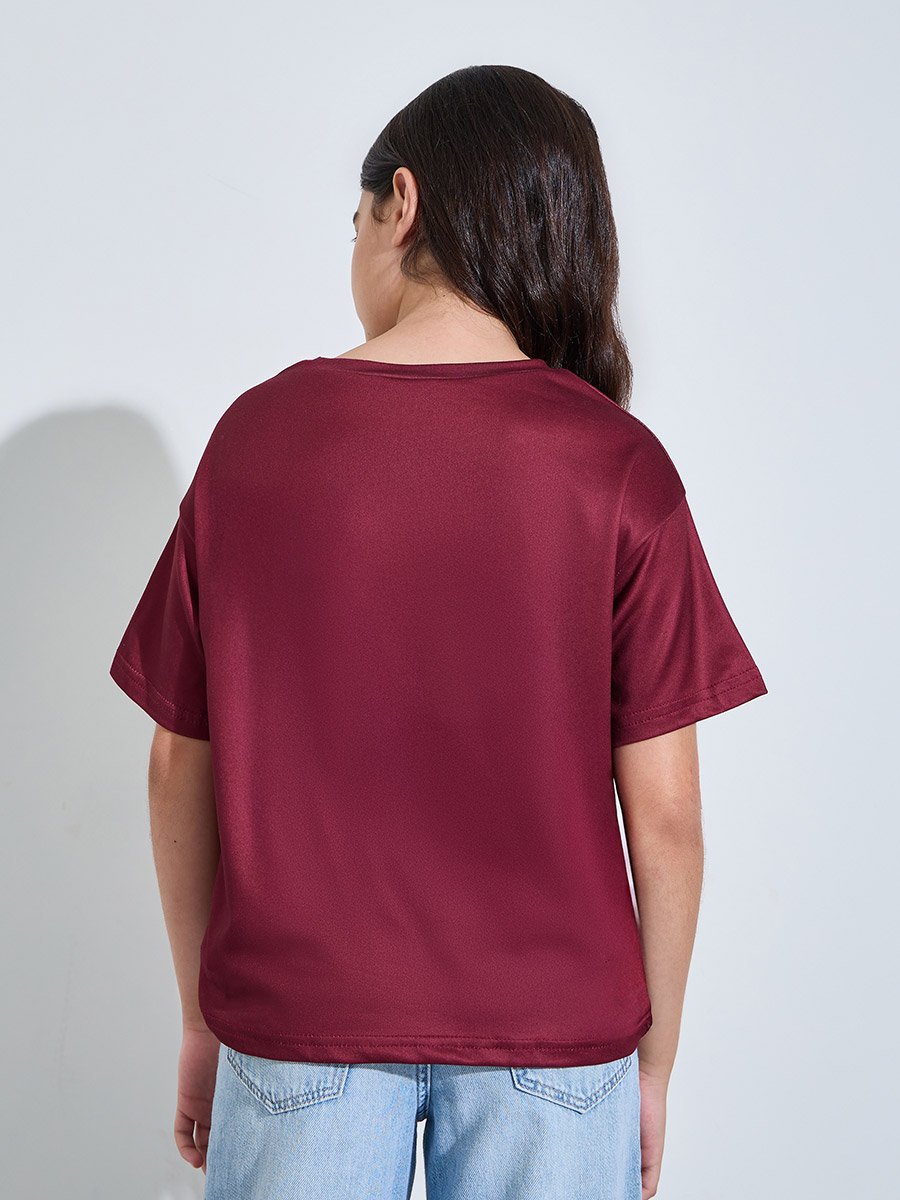 Teen Girls Oversized Burgundy Colorado Print T-Shirt