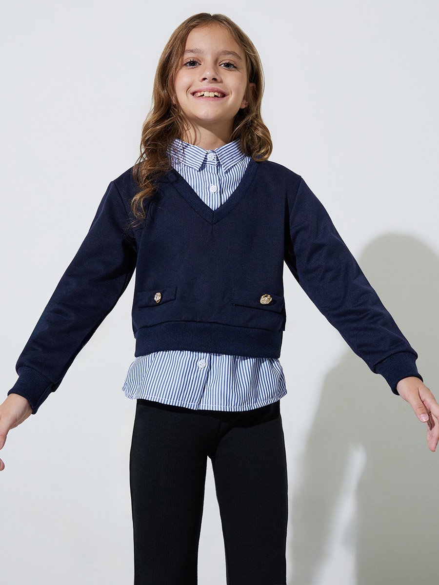 Girls Button Detail Sweatshirt with Mock Shirt Detail