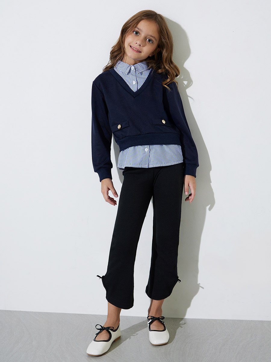 Girls Button Detail Sweatshirt with Mock Shirt Detail