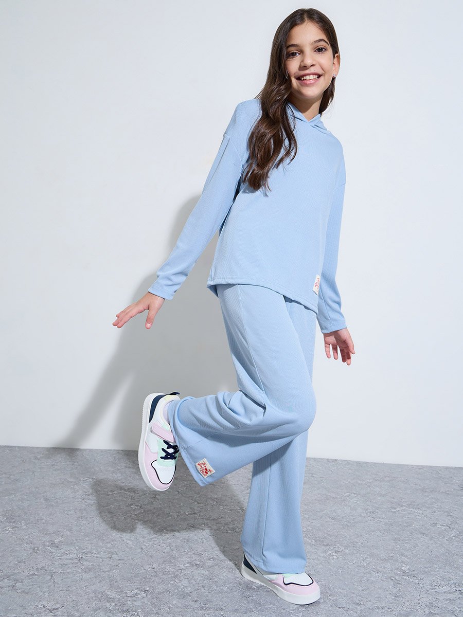Teen Girls Blue Patchwork Hoodie and Wide Leg Joggers Set
