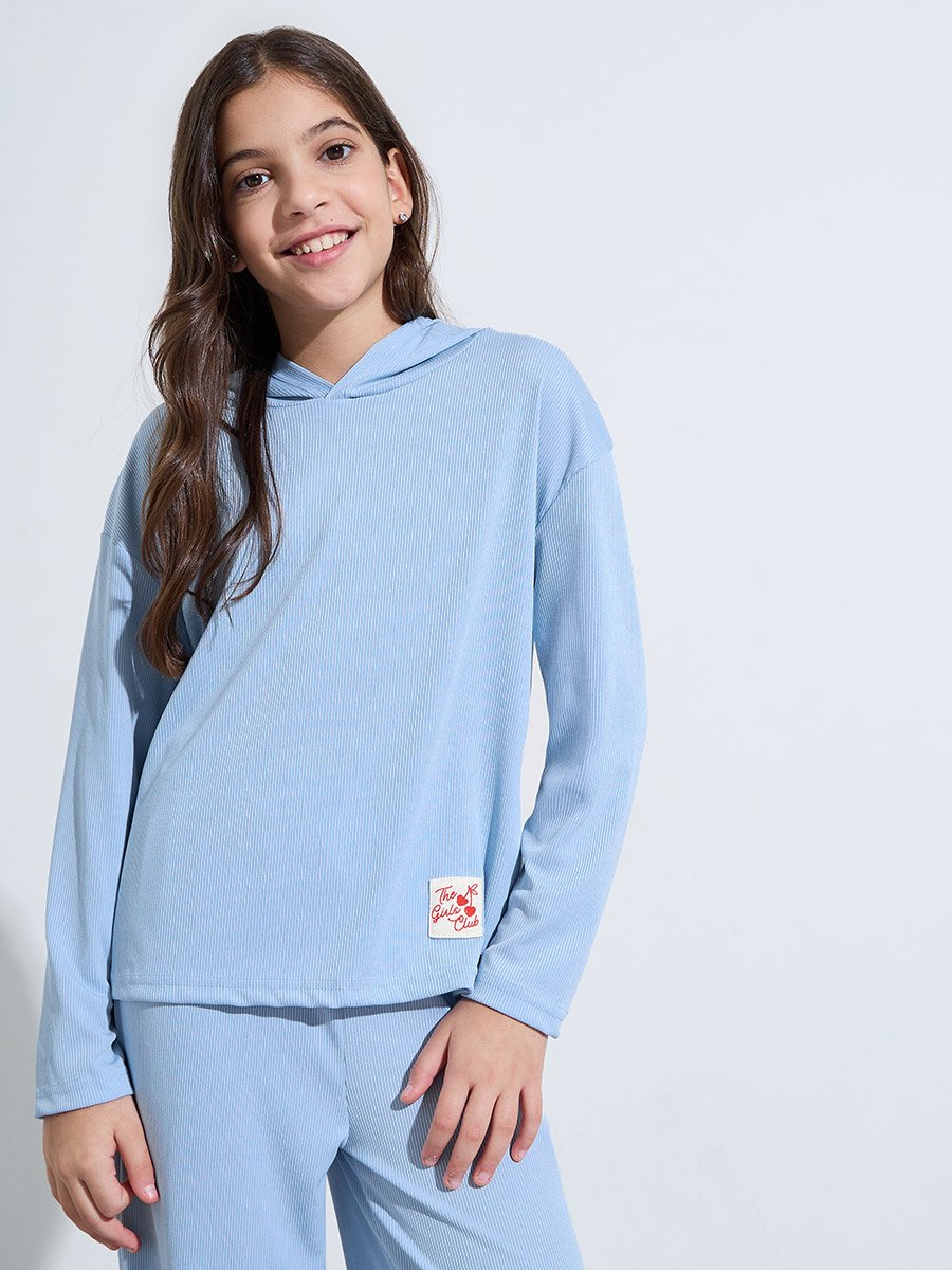 Teen Girls Blue Patchwork Hoodie and Wide Leg Joggers Set