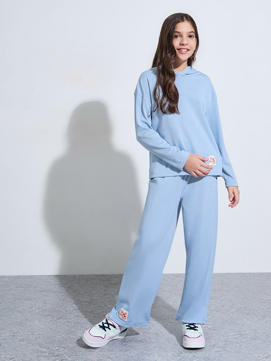 Teen Girls Blue Patchwork Hoodie and Wide Leg Joggers Set