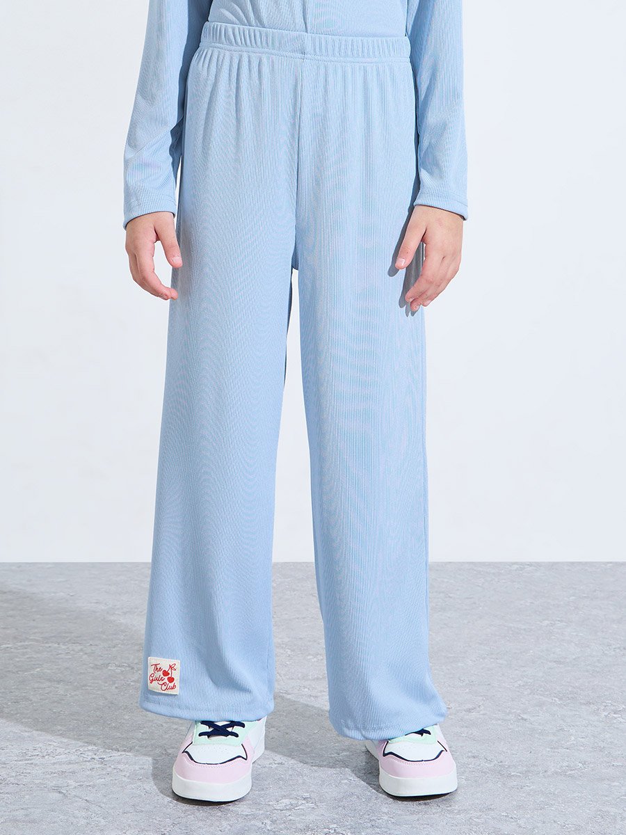 Teen Girls Blue Patchwork Hoodie and Wide Leg Joggers Set
