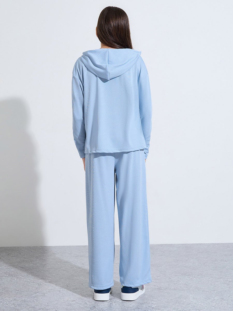 Teen Girls Blue Patchwork Hoodie and Wide Leg Joggers Set