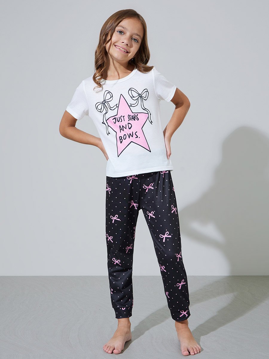 Girls White Star and Bow Print T-Shirt and Cuffed Hem Pants Pyjama Set