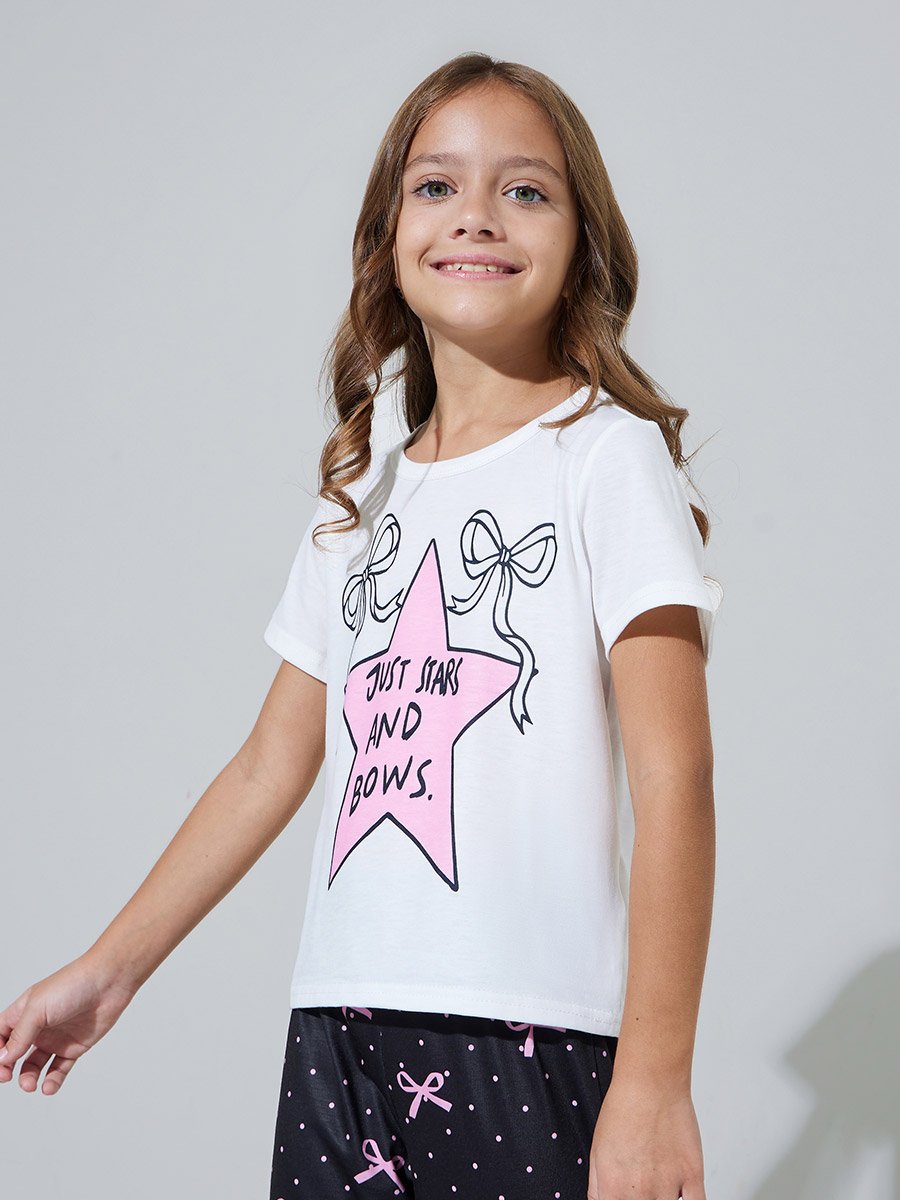 Girls White Star and Bow Print T-Shirt and Cuffed Hem Pants Pyjama Set