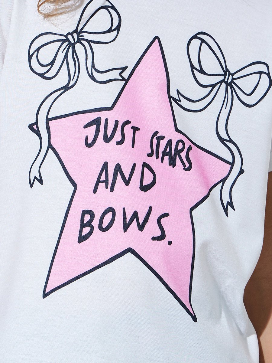 Girls White Star and Bow Print T-Shirt and Cuffed Hem Pants Pyjama Set