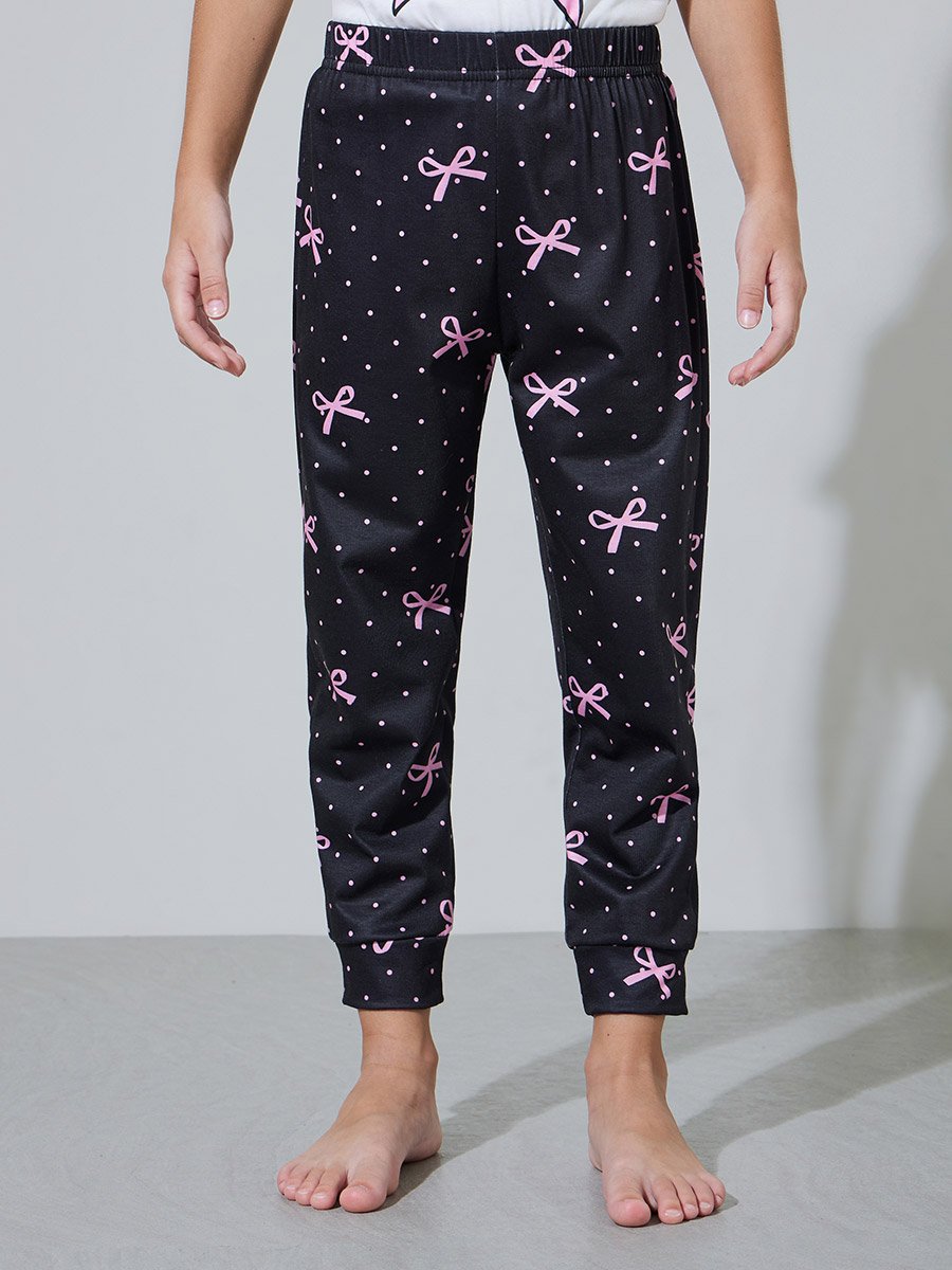Girls White Star and Bow Print T-Shirt and Cuffed Hem Pants Pyjama Set