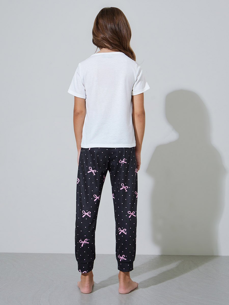 Girls White Star and Bow Print T-Shirt and Cuffed Hem Pants Pyjama Set