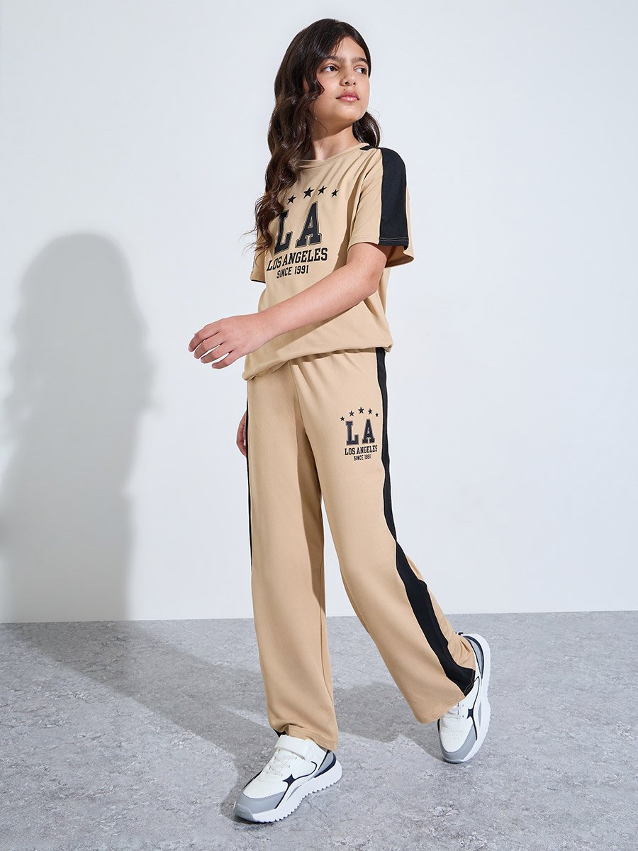 Teen Girls Beige Graphic T-Shirt and Wide Leg Joggers Set