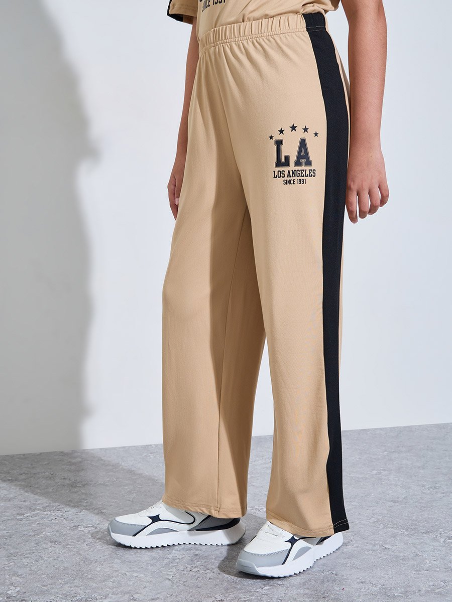 Teen Girls Beige Graphic T-Shirt and Wide Leg Joggers Set