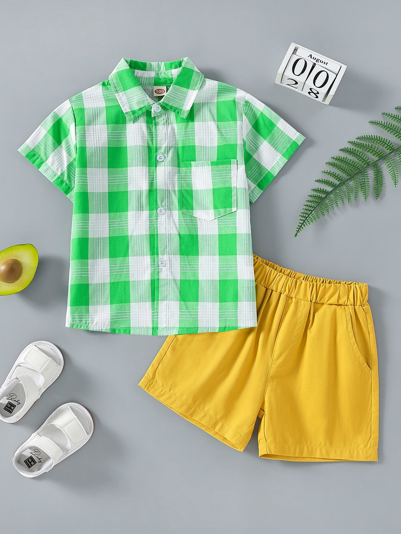 Boys Gingham Shirt and Yellow Shorts Cotton Set