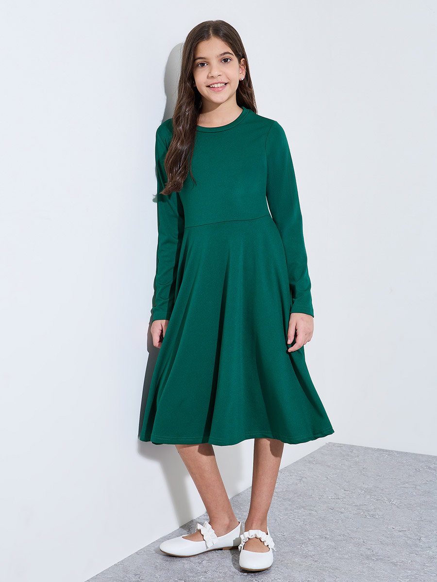 Teen Girls Green Solid Long Sleeves A-Line Midi Dress
