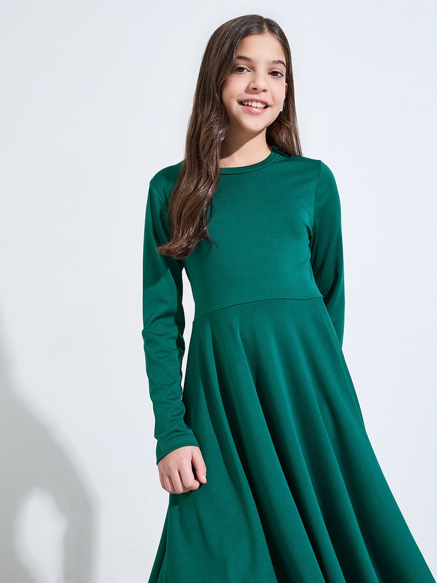 Teen Girls Green Solid Long Sleeves A-Line Midi Dress