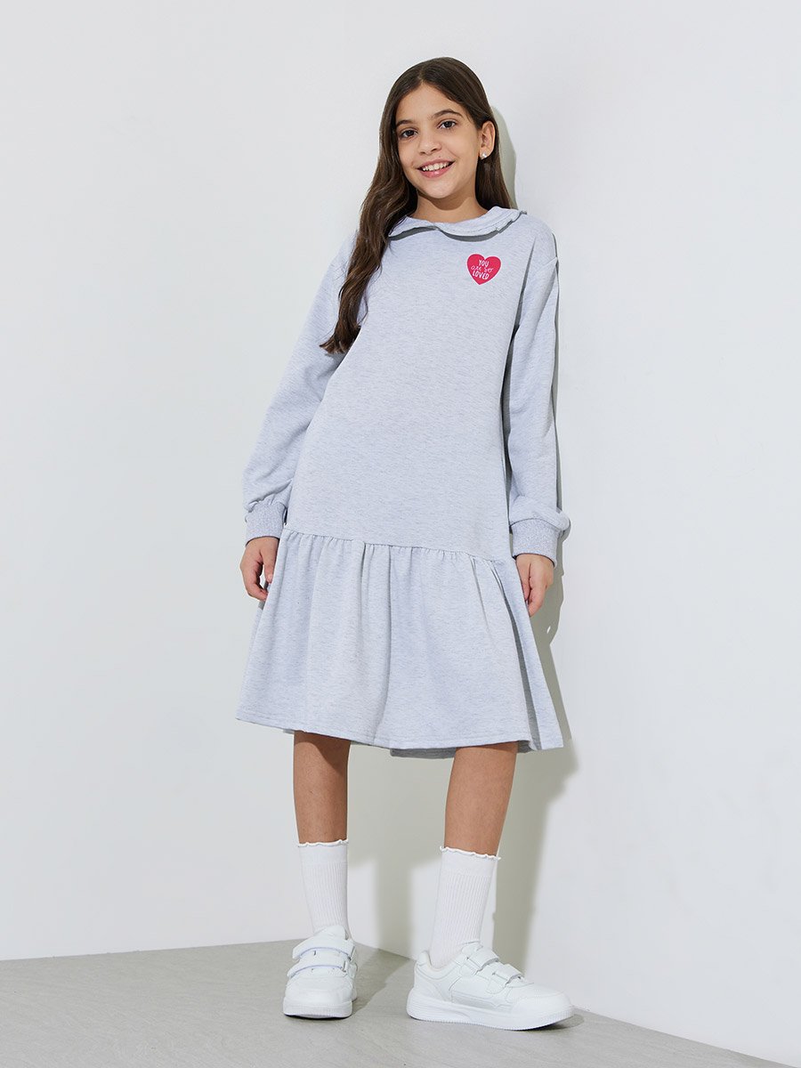 Teen Girls Grey Heart Print Ruffle Details Midi Sweatshirt Dress