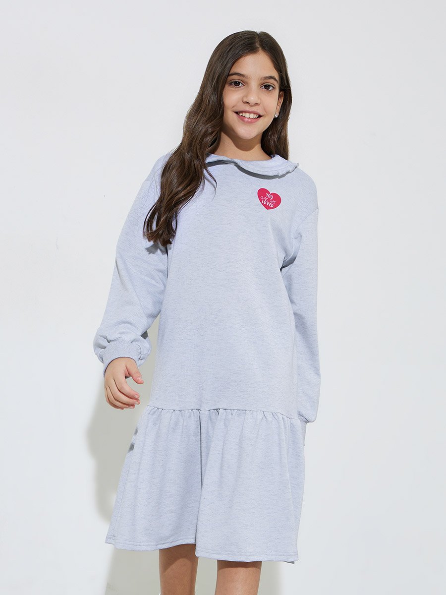 Teen Girls Grey Heart Print Ruffle Details Midi Sweatshirt Dress