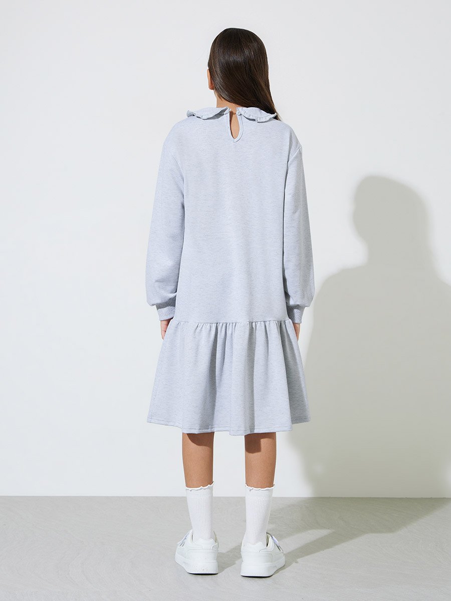 Teen Girls Grey Heart Print Ruffle Details Midi Sweatshirt Dress