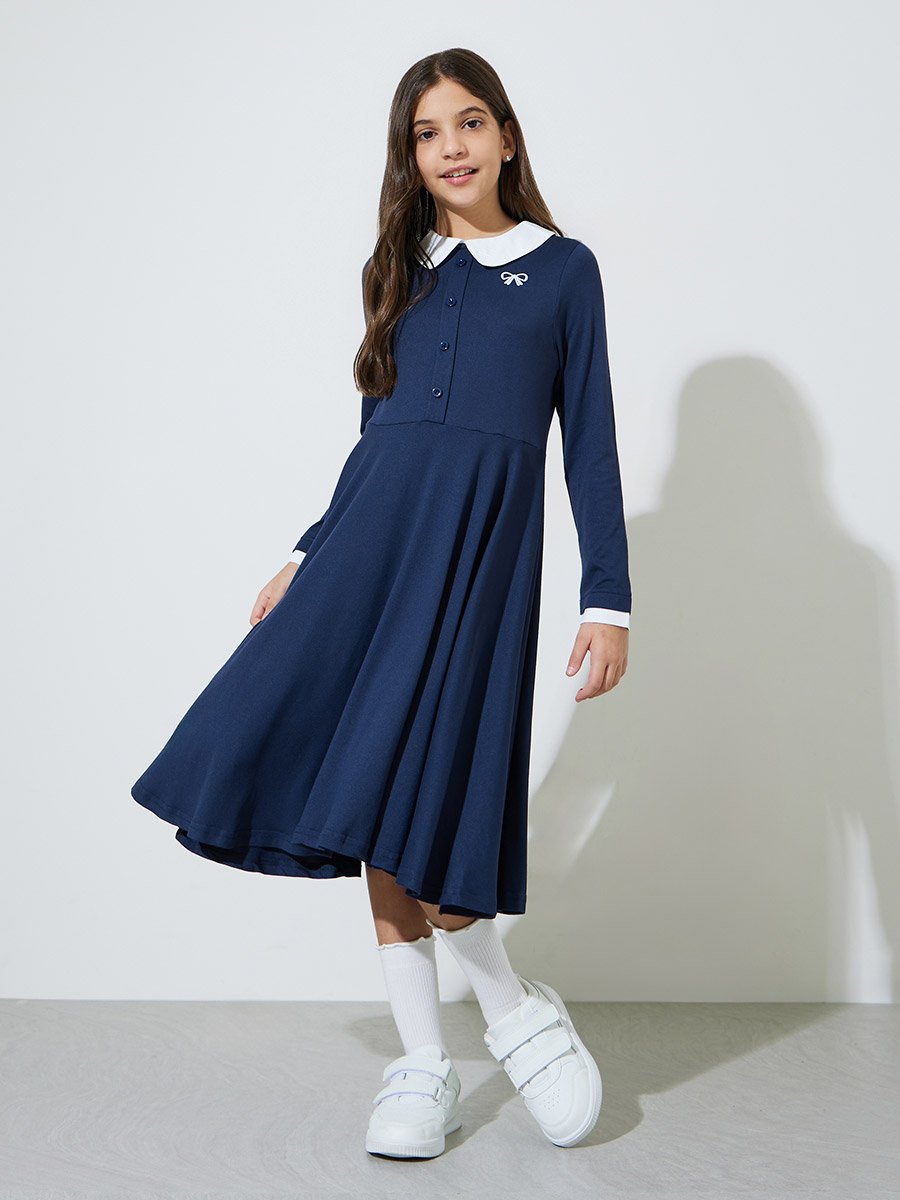 Teen Girls Navy Blue Button Details Peter Pan Collar A-Line Midi Dress