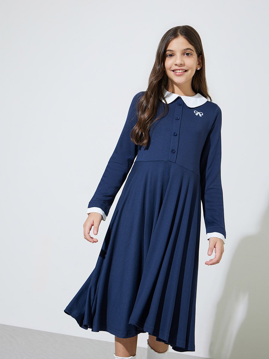 Teen Girls Navy Blue Button Details Peter Pan Collar A-Line Midi Dress