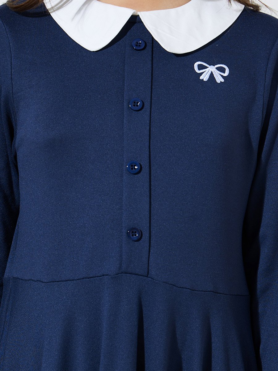 Teen Girls Navy Blue Button Details Peter Pan Collar A-Line Midi Dress