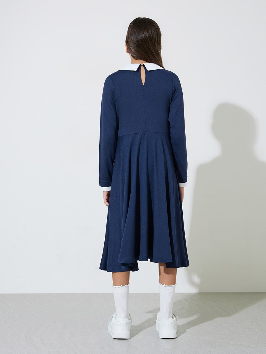 Teen Girls Navy Blue Button Details Peter Pan Collar A-Line Midi Dress