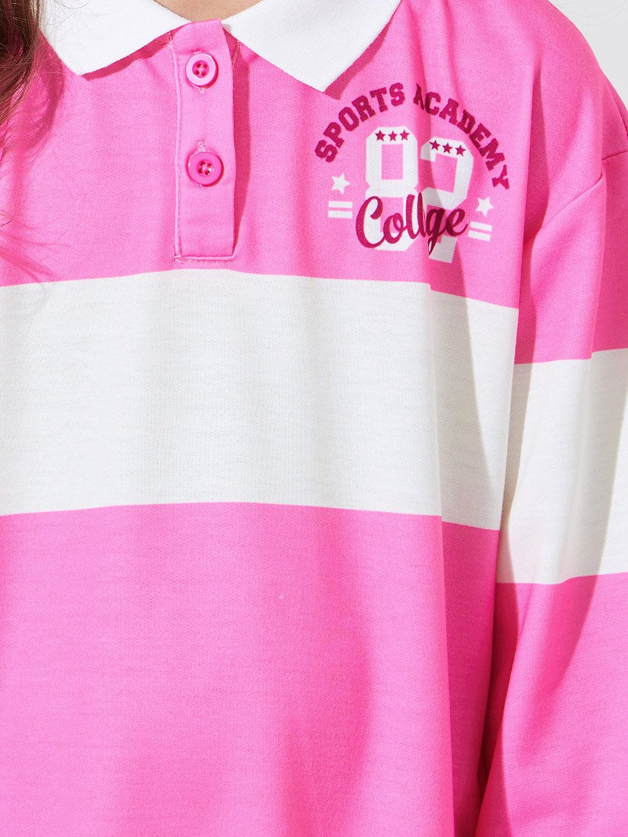 Girls Pink Striped Polo Collar A-Line Knee Length Dress
