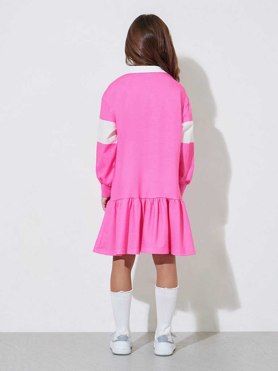 Girls Pink Striped Polo Collar A-Line Knee Length Dress