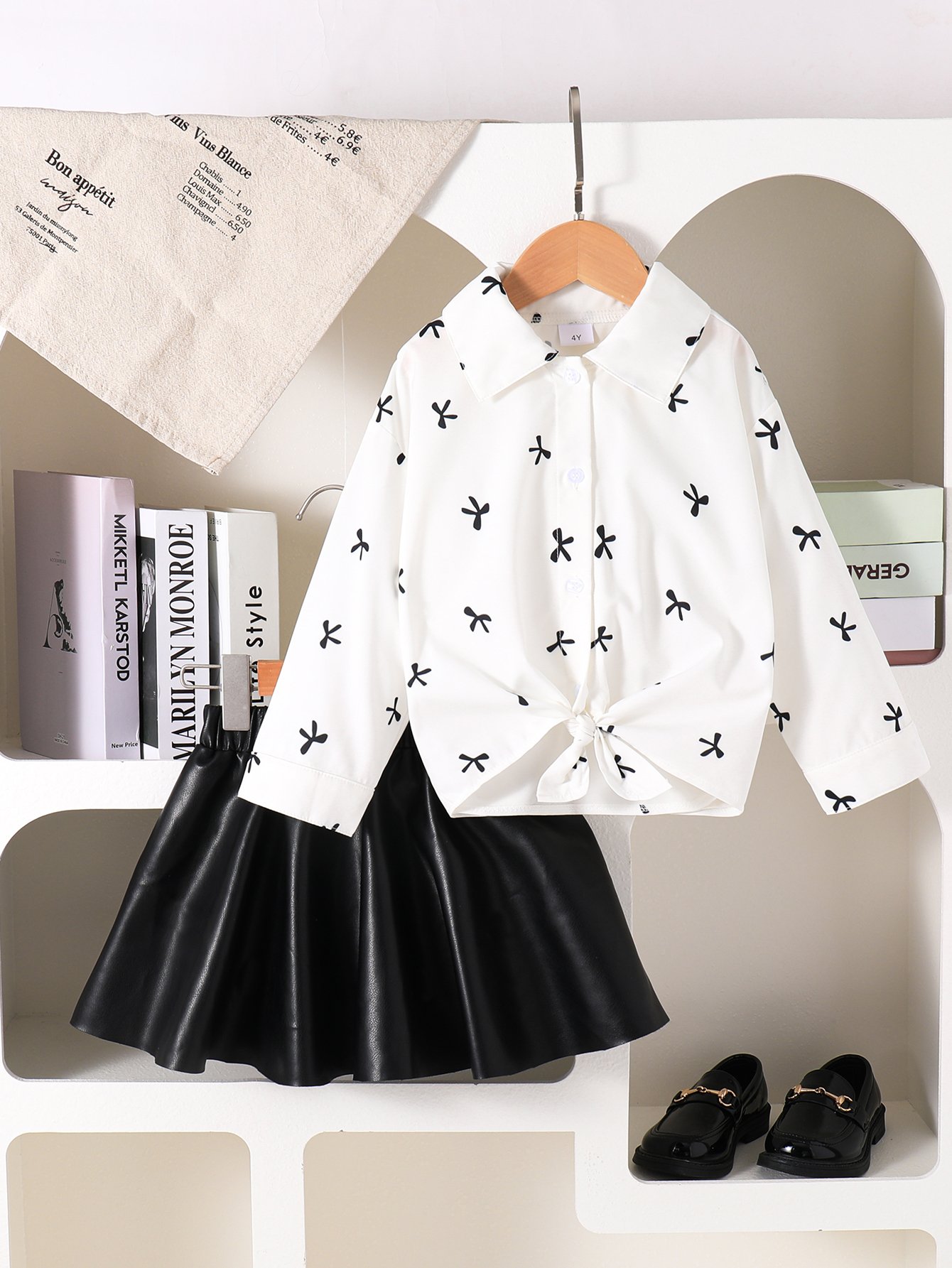 Girls Graphic Print Collared Shirt and Faux Leather Skirt Set
