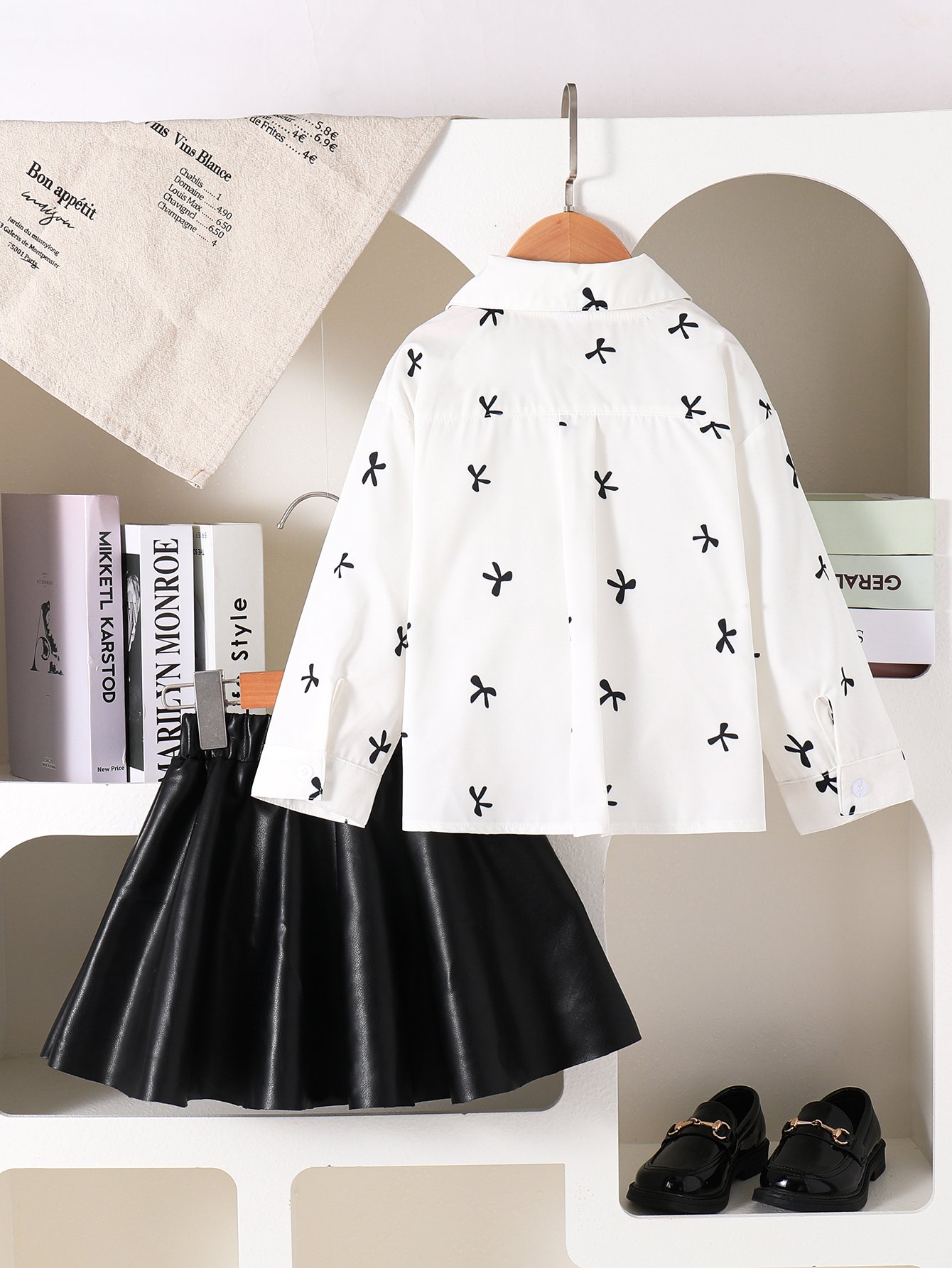 Girls Graphic Print Collared Shirt and Faux Leather Skirt Set