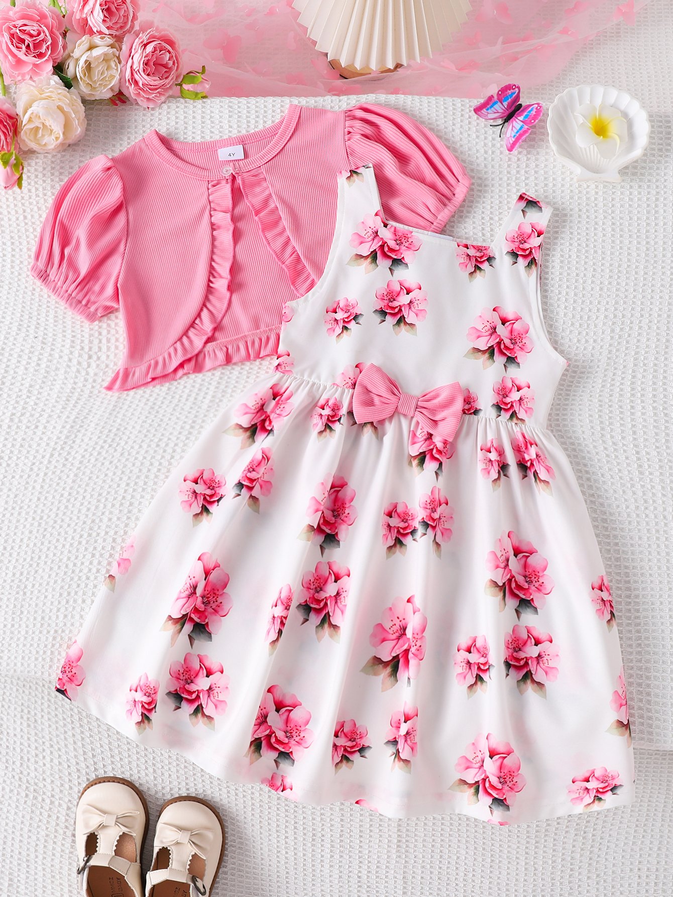 Girls Floral Print Dress and Pink Bolero Set