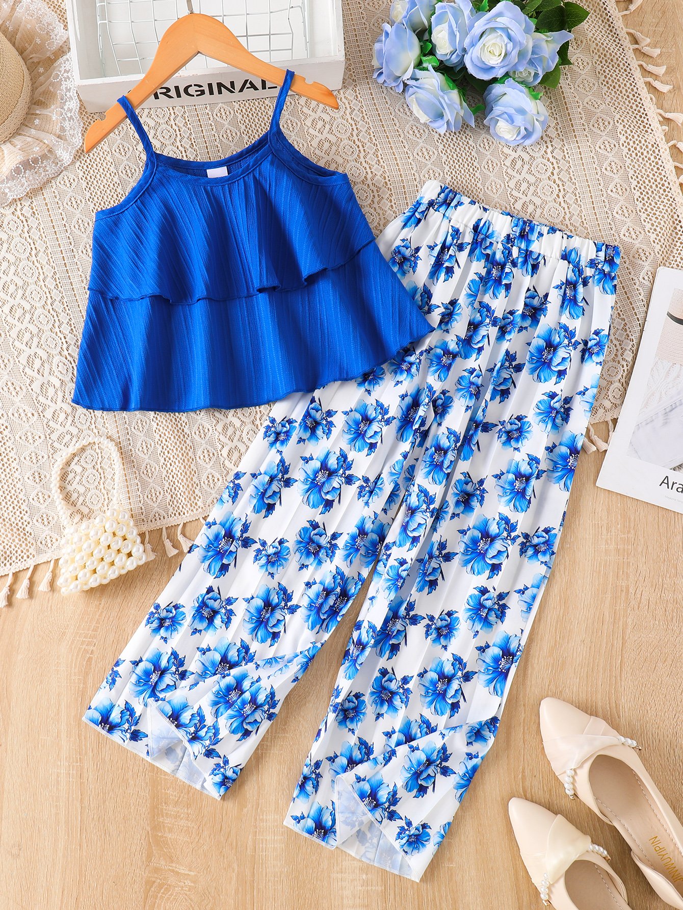 Girls Blue Ruffled Camisole Top and Floral Wide-Leg Trousers Set