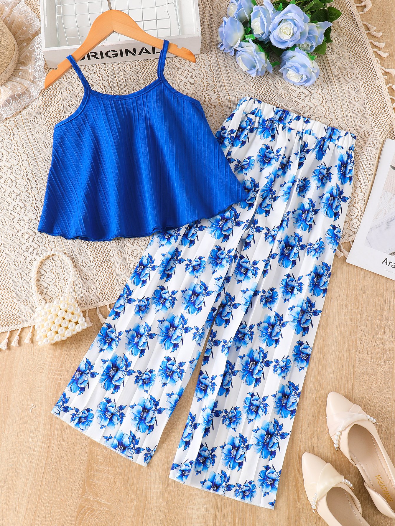 Girls Blue Ruffled Camisole Top and Floral Wide-Leg Trousers Set