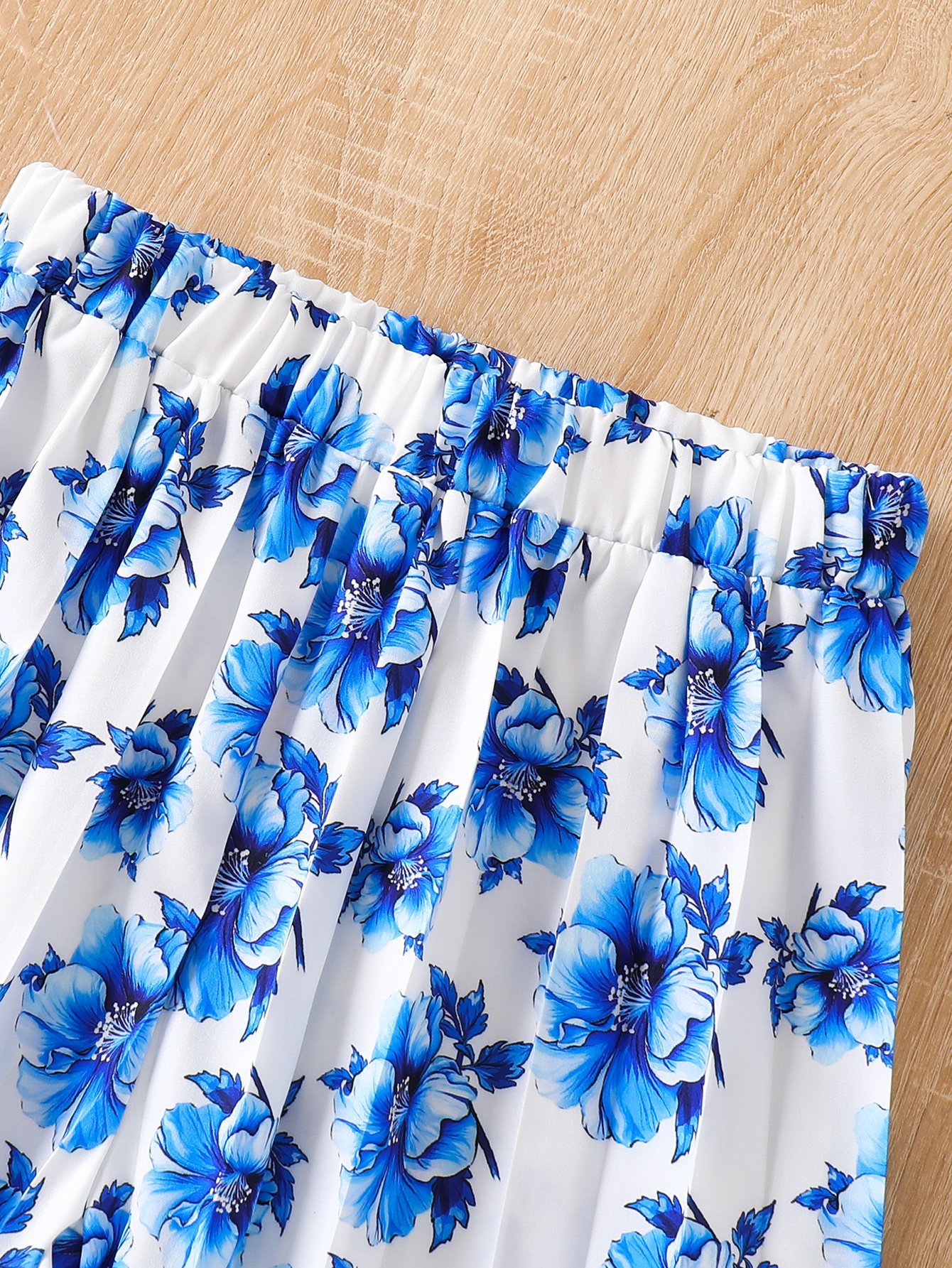 Girls Blue Ruffled Camisole Top and Floral Wide-Leg Trousers Set