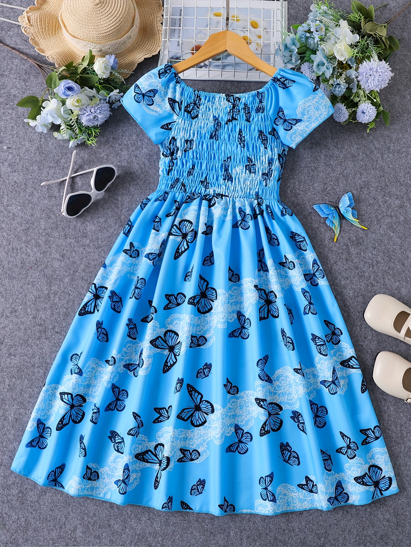 Girls Blue Butterfly A-Line Knee-Length Dress