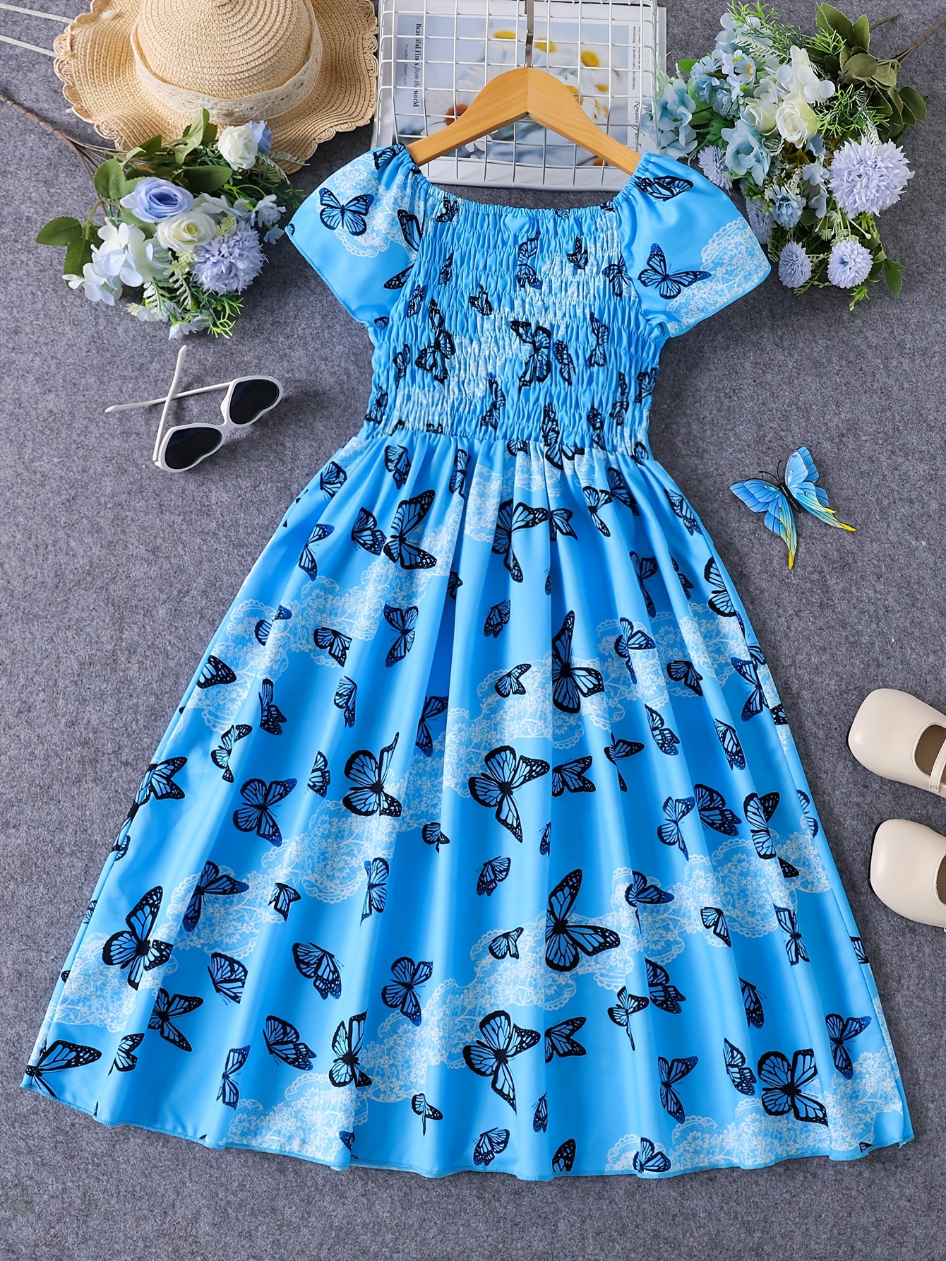 Girls Blue Butterfly A-Line Knee-Length Dress