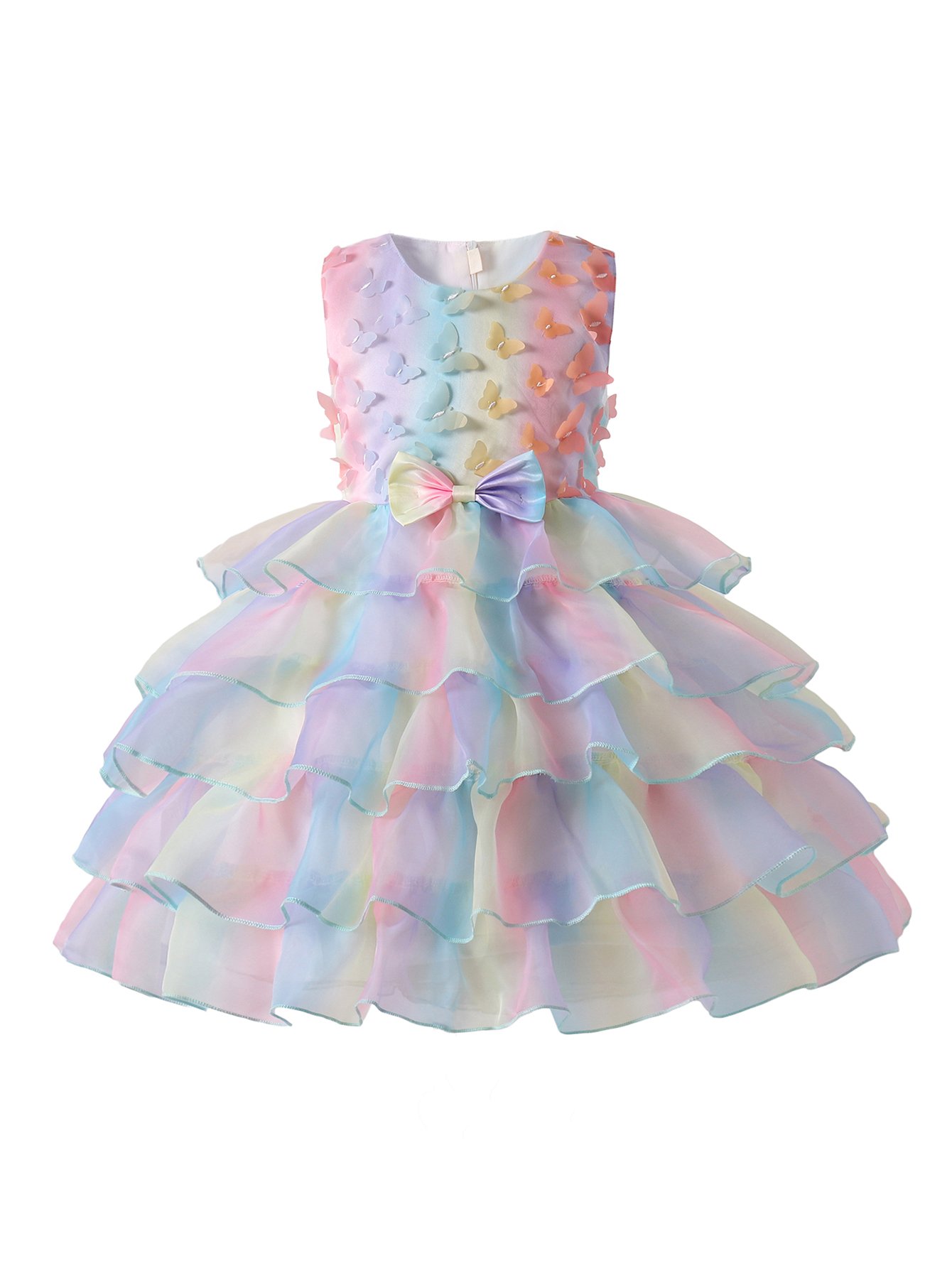 Girls Rainbow Butterfly Tiered Knee Length A-Line Dress