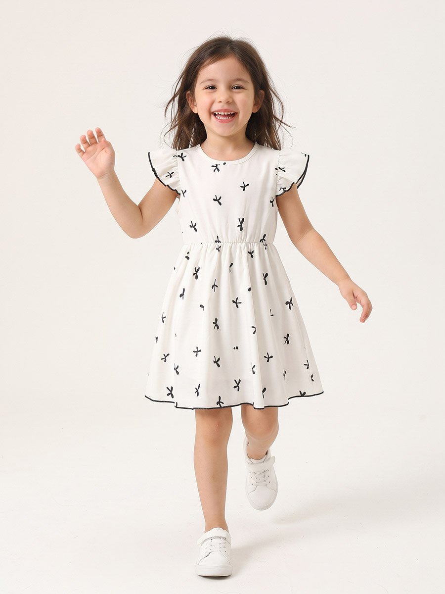 White Bow Print Casual Dress