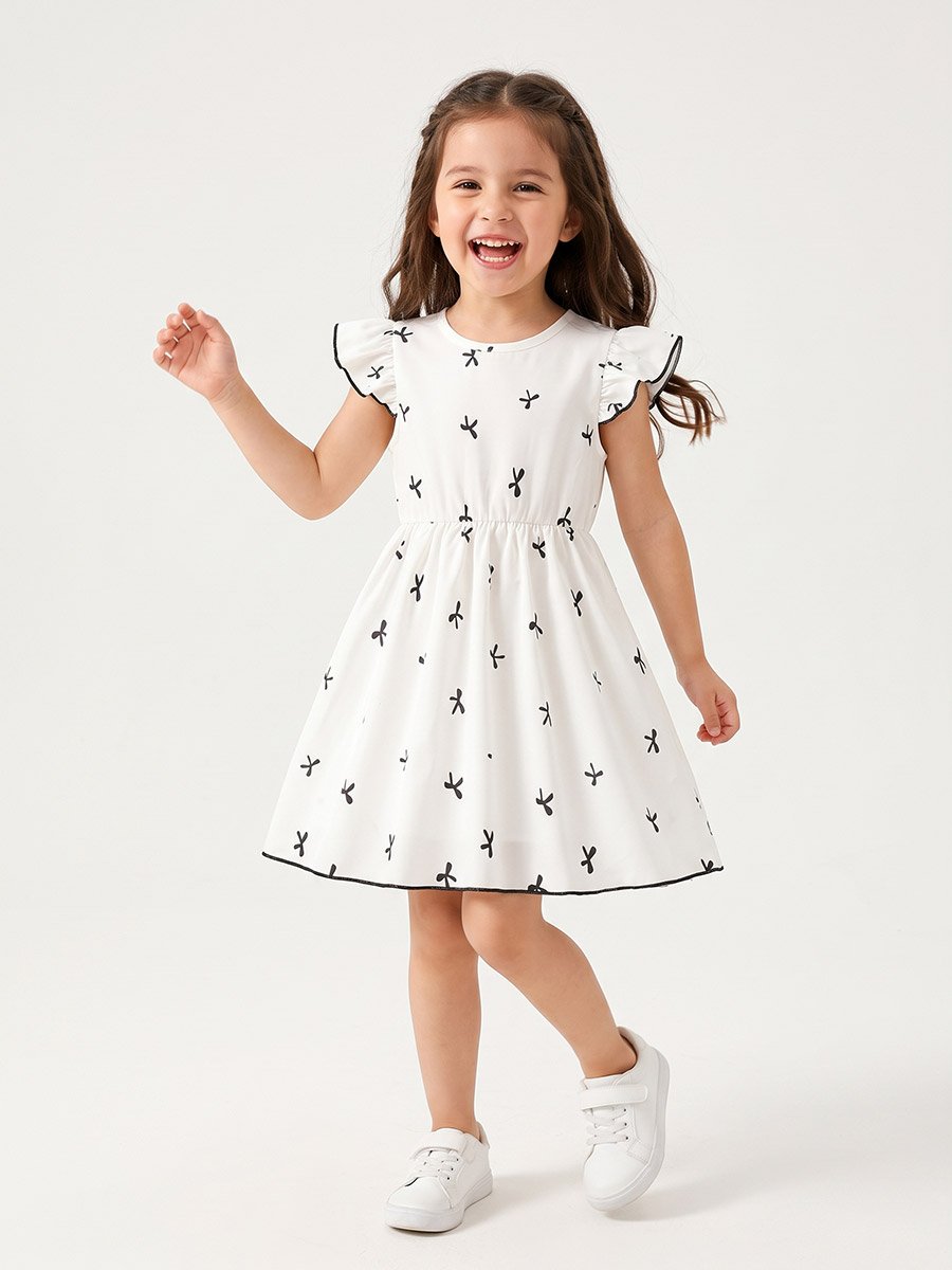 White Bow Print Casual Dress
