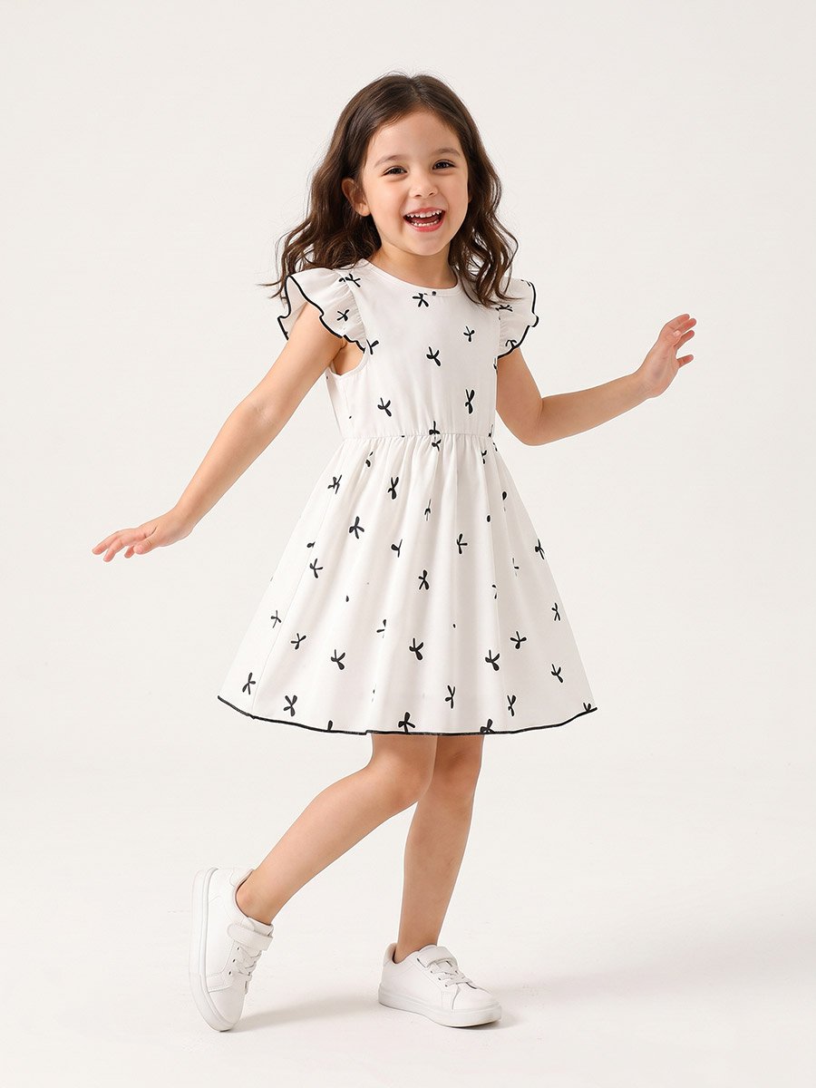 White Bow Print Casual Dress