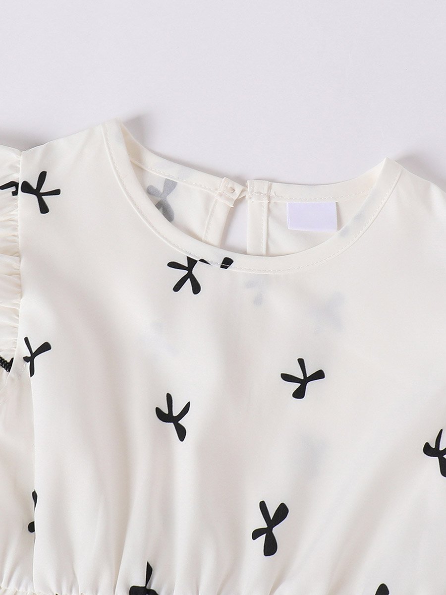 White Bow Print Casual Dress
