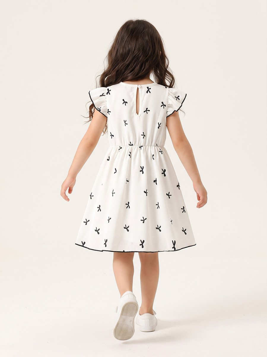 White Bow Print Casual Dress