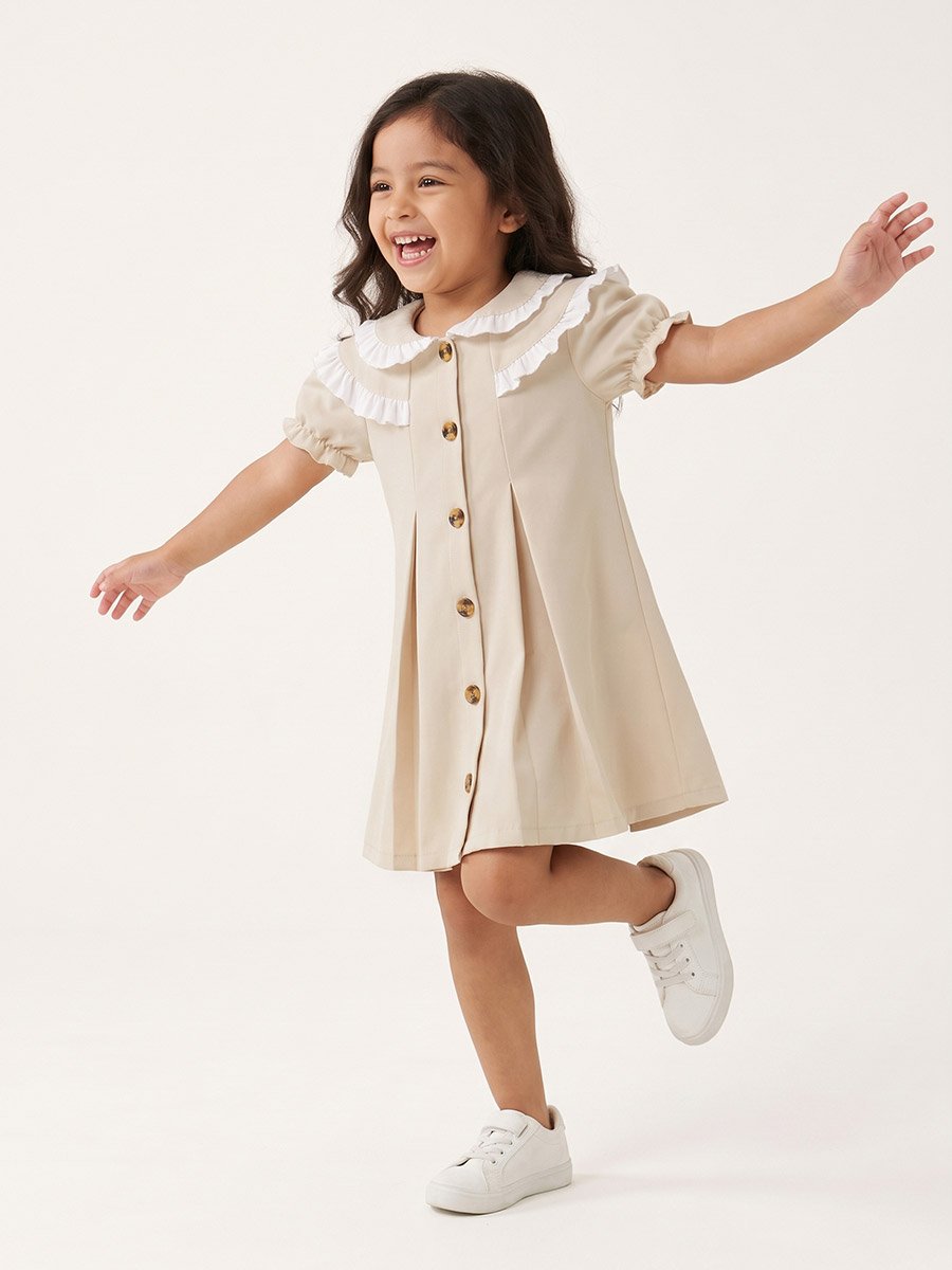 Beige Ruffled Collar Dress
