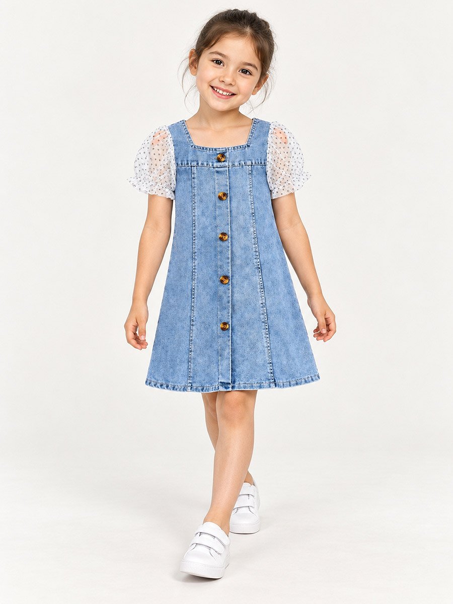 Blue Denim Puff Sleeves Dress