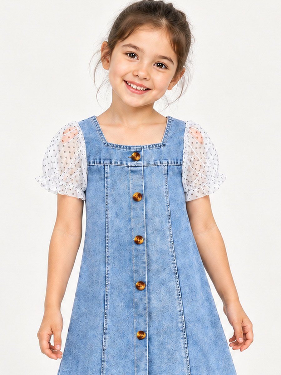 Blue Denim Puff Sleeves Dress