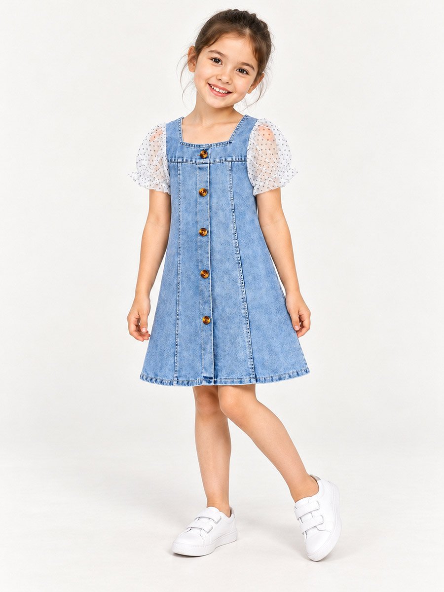 Blue Denim Puff Sleeves Dress