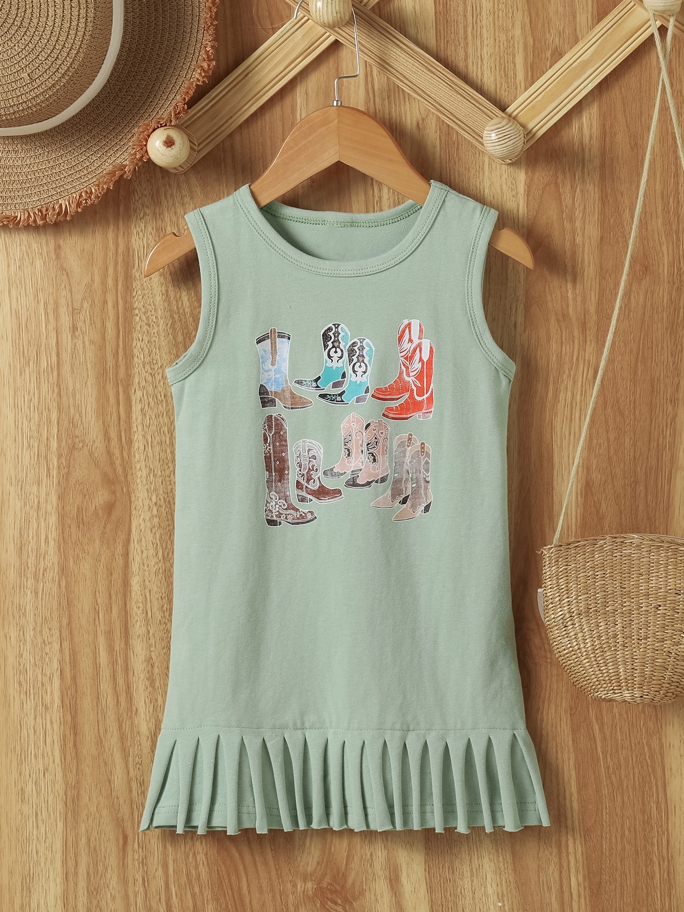 Girls Light Blue A-Line Knee-Length Dress with Cowboy Boot Print