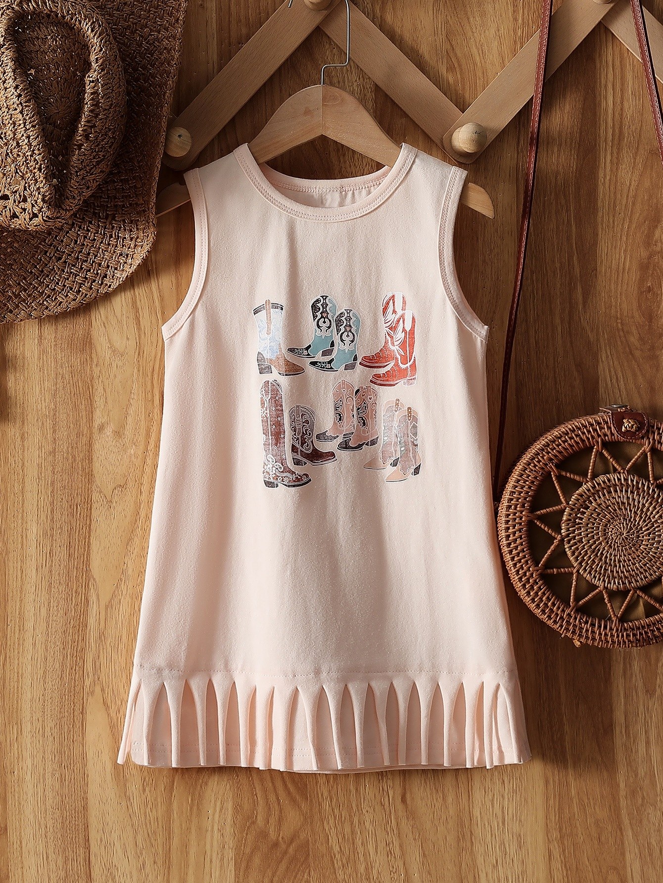 Girls A-Line Light Pink Knee-Length Dress with Cowboy Boot Print and Pleated Hem