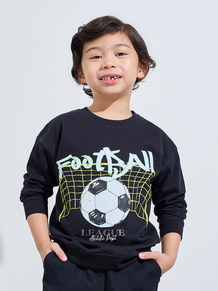 Boys Black Football Print Regular Fit Sweatshirt
