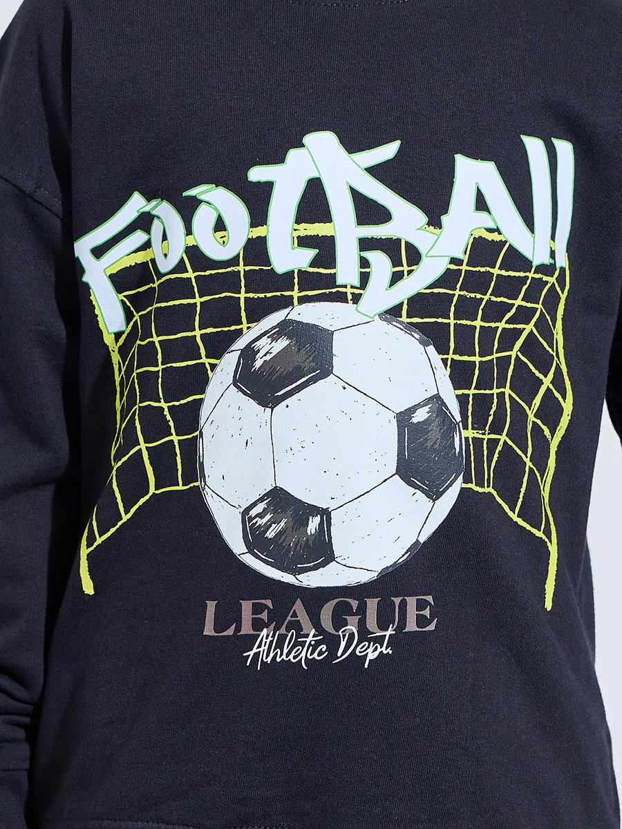 Boys Black Football Print Regular Fit Sweatshirt