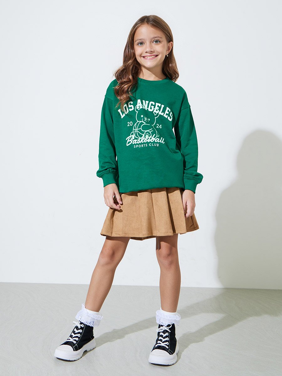 Girls Green Graphic Print Regular Fit Sweatshirt
